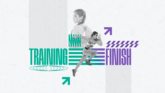Contemporary art collage with one professional female sprinter, runner wearing sportswear training over white background. Concept of activity, healthy lifestyle, sport, energy, competition, ad
