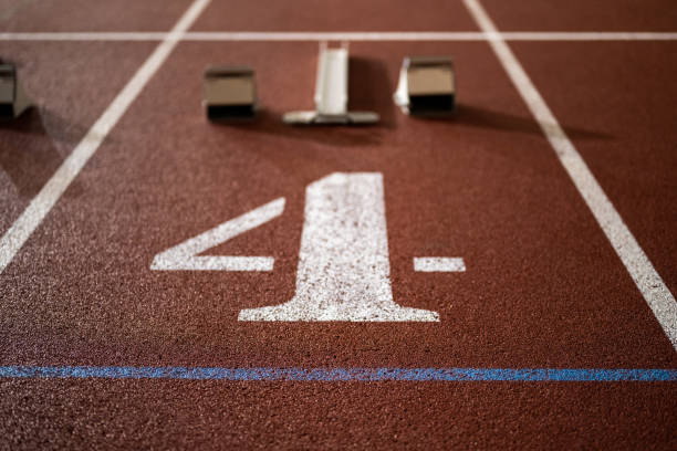 istock Running track starting line with number four 1490896068