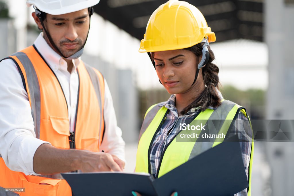 Engineer Labour India Engineer Woman And Asia Engineer Man Working With Document At ...