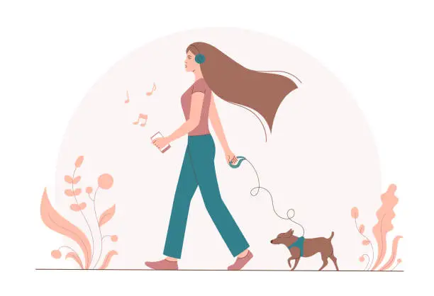 Vector illustration of Beautiful young woman walking in a wireless headphones listening to a music.