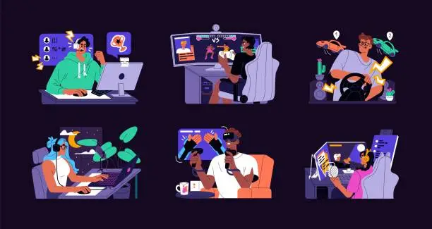 Vector illustration of Gamers at computers, gaming set. People playing video games online, streaming. Videogame players, adult men, women in headsets and controllers at PC. Isolated flat graphic vector illustrations