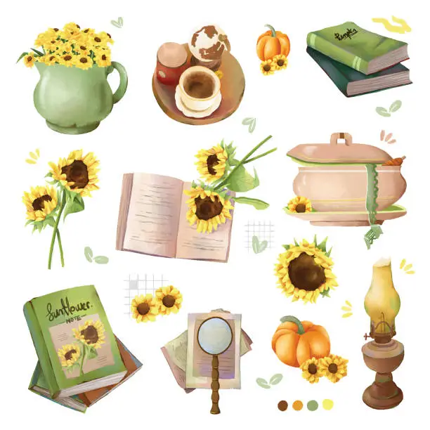 Vector illustration of Sunflower with vase retro kerosene oil lamp old book pumpkin