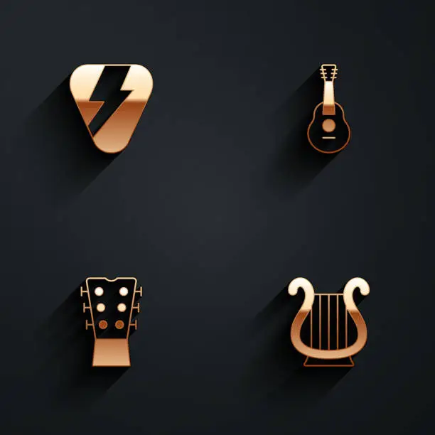 Vector illustration of Set Guitar pick, neck and Ancient Greek lyre icon with long shadow. Vector