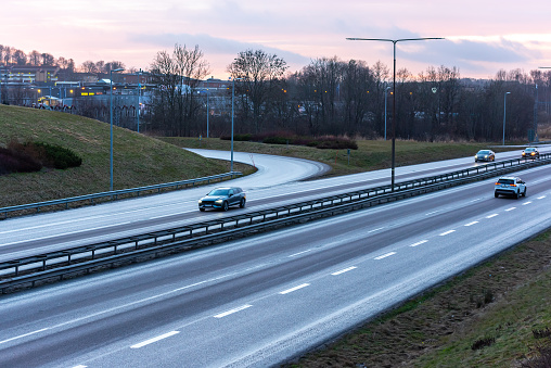 Gothenburg, Sweden - January 16 2022: Tight curve of a highway on-ramp.