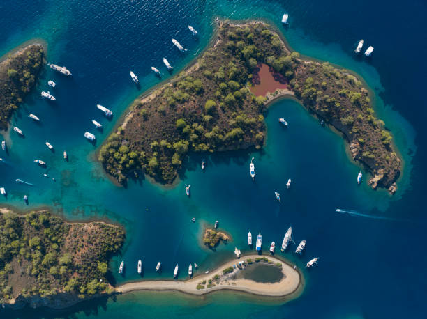 Turkish Maldives Yassica Islands Drone Photo, Gocek Fethiye, Mugla Turkey Turkish Maldives Yassica Islands Drone Photo, Gocek Fethiye, Mugla Turkey maldivian culture stock pictures, royalty-free photos & images