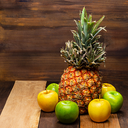 Healthy fruits as pineapple, apples and banana.
Excellent healthy natural organic food
