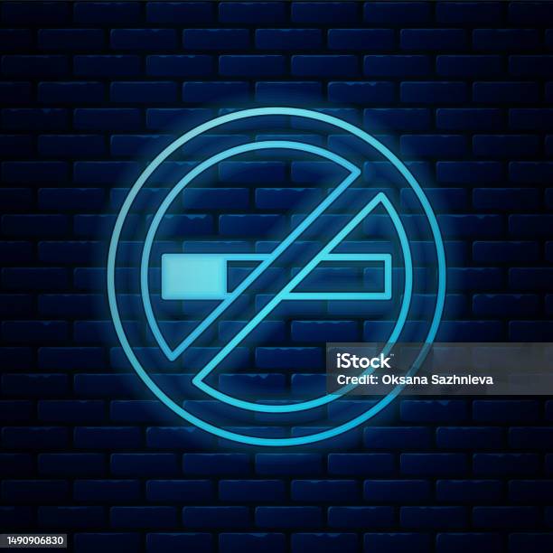 Logo No Rokok Ikon Neon No Smoking Bersinar Terisolasi Pada Latar Belakang Dinding ...