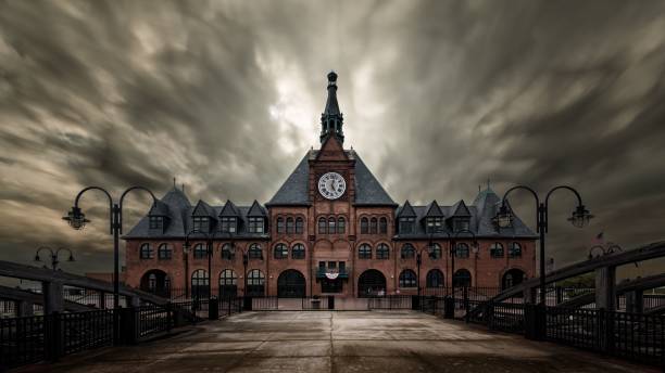 Historic Central Railroad Terminal under a gloomy stormy sky