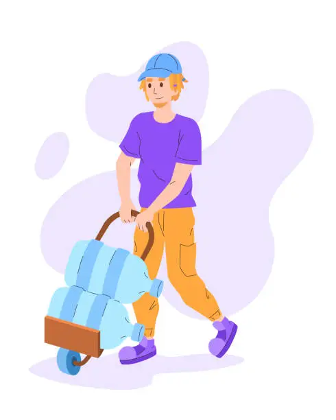 Vector illustration of Illustration of blonde water delivery man carting bottle of water to customer