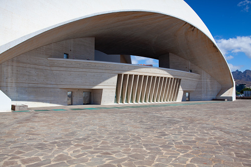 Santa Cruz de Tenerife, Spain - June 22, 2021: Detail of The Auditorio de Tenerife auditorium. Iconic building designed by famous Spanish architect Santiago Calatrava.