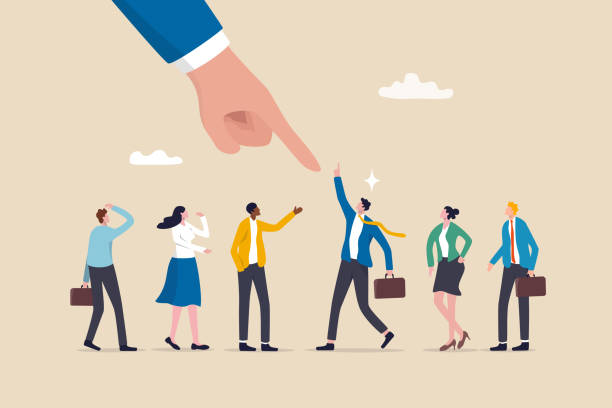 ilustrações de stock, clip art, desenhos animados e ícones de choose candidate for job position, hr, human resources recruitment or hiring new employee, career opportunity or interview, talent or headhunter concept, businessman pointing at chosen candidate. - recruitment searching job search discovery