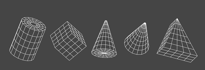 Wireframe geometric shapes 3d render. Abstract digital objects from line grid. Polygonal figures of cylinder, cube box, cone, triangle, isolated outline graphic elements, icons set. 3D illustration
