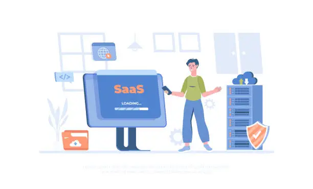 Vector illustration of SaaS concept, Software as a service. Cloud computing and storage. Cartoon modern flat vector illustration for banner, website design, landing page.