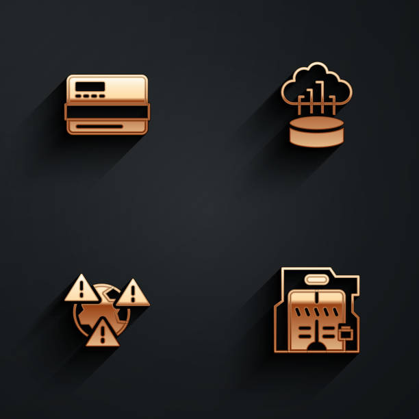 istock Set Credit card, Network cloud connection, Earth with exclamation mark and Futuristic sliding doors icon with long shadow. Vector 1490911769