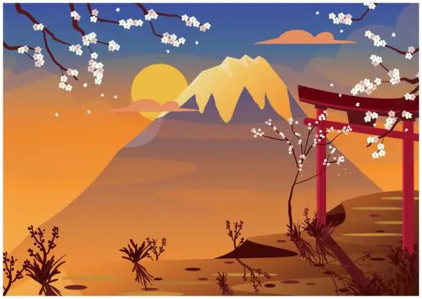 Vector illustration of Japan tourism vector. Sakura blossom, mount fuji, sunset and torii shrine.