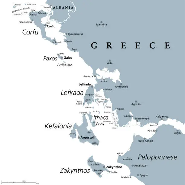 Vector illustration of Ionian Islands Region of Greece, Greek island group, gray political map