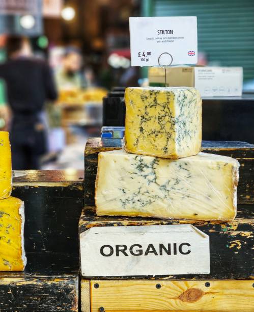 istock Organic British Stilton cheese on display at food market 1490915346