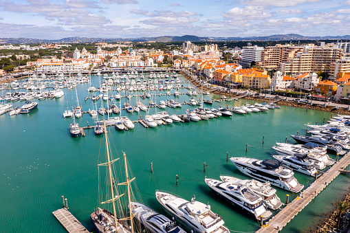 Awesome view of modern, lively and sophisticated Vilamoura Marina  , one of the largest leisure resorts in Europe, Vilamoura, Algarve, Portugal