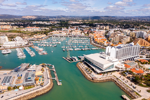 Awesome view of modern, lively and sophisticated Vilamoura Marina  , one of the largest leisure resorts in Europe, Vilamoura, Algarve, Portugal