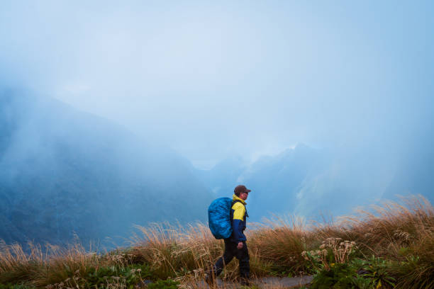 One solo man hiker hiking through Mackinnon Pass, Milford Track, South Island, New Zealand.