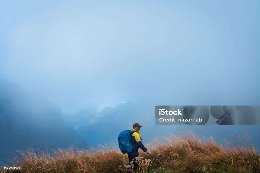 One solo man hiker hiking through Mackinnon Pass. One solo man hiker hiking through Mackinnon Pass, Milford Track, South Island, New Zealand. Milford Track Stock Photo