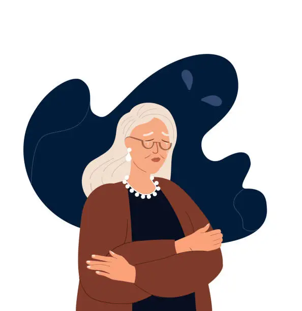 Vector illustration of Pensive Elderly Woman,Amnesia,Mess in head.Scared Senior Character in stress,despair,fear.Confused Grandmother,suffering ,panic attack,anxiety,phobias.Troubled Worried Old Retired.Flat Illustration