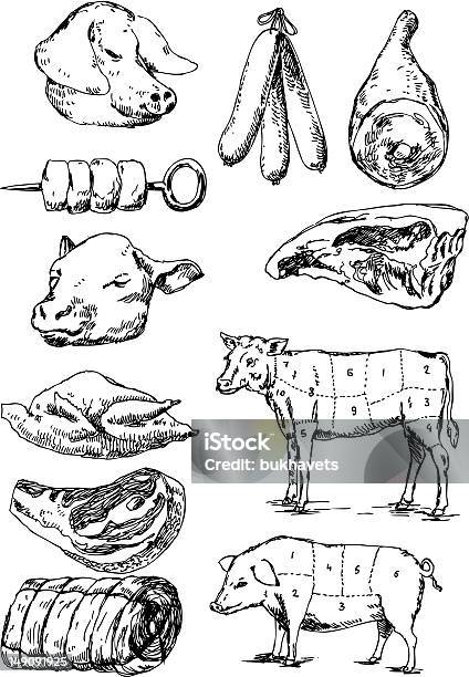 Ilustración de Big Vector Set Carne y más Vectores Libres de Derechos de Gallina - Ave de corral - Gallina - Ave de corral, Pollo, Técnica de textura grunge
