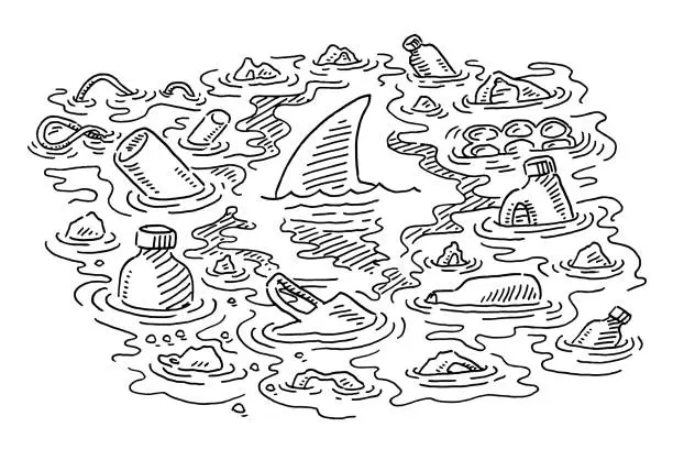 Vector illustration of Shark Fin Inbetween Plastic Waste Drawing