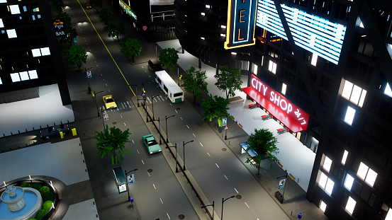 Downtown with office buildings and vehicles in urban district, tall skyscrapers with city lights at night. Metropolis with vehicles driving on street, architecture. 3d render animation.