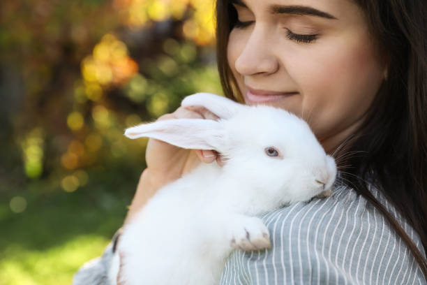 istock Happy woman with cute rabbit outdoors on sunny day, closeup. Space for text 1490922369