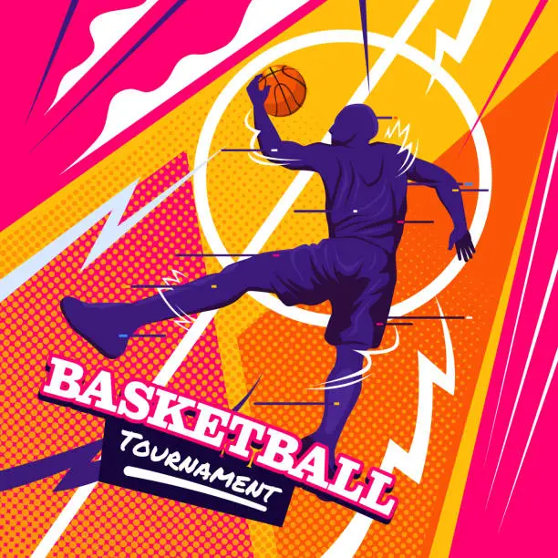 Vector illustration of Basketball Man Slam Dunk Pose with Urban Style and Glitch Style in Bold Colorful Colors