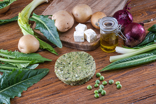 Vegan burger ingredients isolated on a  table (bell pepper and peas)