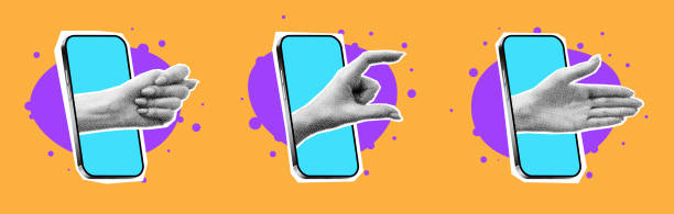 istock Collage elements with phones and hands retro futuristic stickers 1490923382
