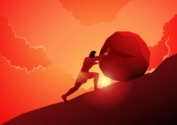 Greek Mythology Sisyphus Rolling The Enormous Rock Up a Hill Sisyphus, Hades punished him for cheating death twice by making him roll an enormous rock up a hill, only for it to roll back down every time it got close to the top sisyphus stock illustrations