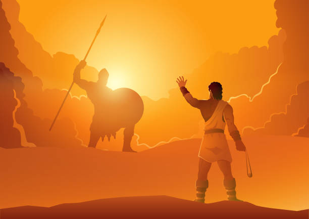 David and Goliath ready for a duel Biblical vector illustration of David and Goliath ready for a duel in dramatic scene dueling stock illustrations
