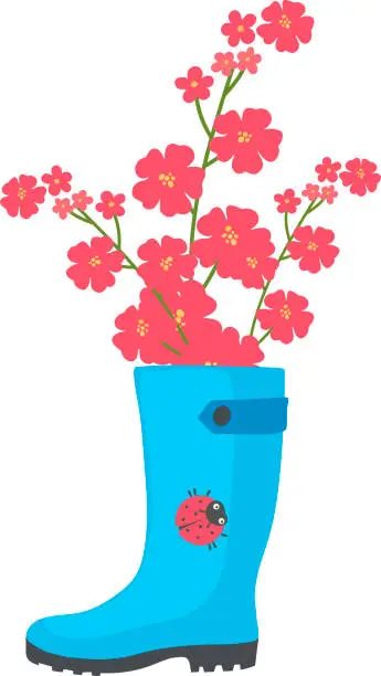 Vector illustration of blue rubber boot with red flowers and ladybug. Illustration on the theme of gardening vector