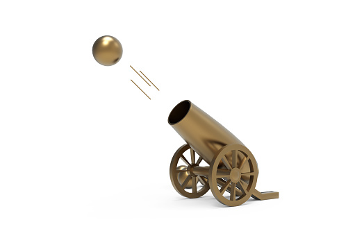 Firing cannon isolated on background. War and military concept. Front view. 3d illustration.