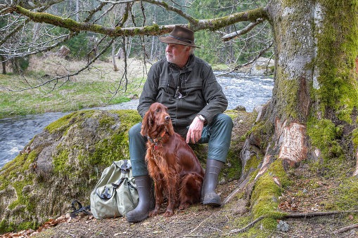 The hiker and his Irish Setter have completed a strenuous hike and are taking a break by the riverbank under a tree, where they can rest and enjoy the sight of the calmly flowing water.
