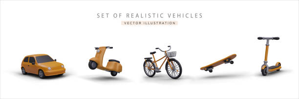 istock Set of realistic 3d yellow car, scooter, bicycle, skateboard and kick scooter 1490932892