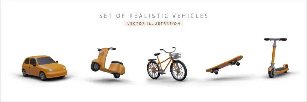 Vector illustration of Set of realistic 3d yellow car, scooter, bicycle, skateboard and kick scooter