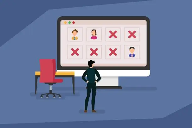 Vector illustration of Manager Standing at Huge monitor with Employees Out of Office and Empty Armchair