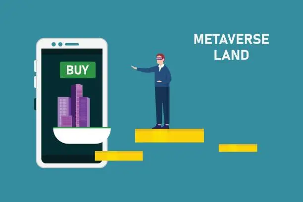 Vector illustration of Metaverse land for sale, digital real estate and property investment technology.