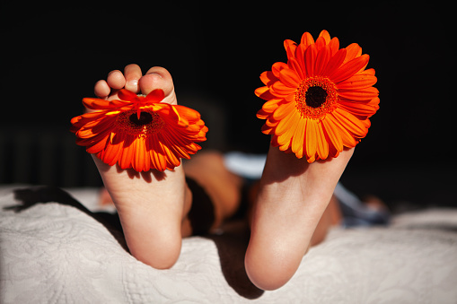 Close up of child's foot with stunning vibrant orange Gerbera daisies in warm rays of sun.