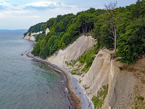 View of chalk cliffs sloping down to the Baltic Sea in Jasmund National Park in Mecklenburg-Western Pomerania, Germany
