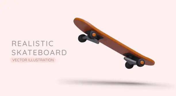 Vector illustration of Realistic skateboard in flight. Jump in air. 3D figure, symbol of movement, sports, active leisure