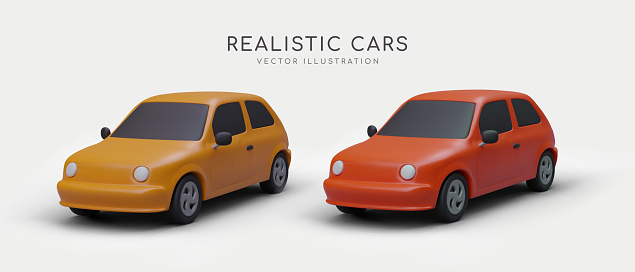 Cartoon 3d realistic automobiles. Modern city transport concept. Poster for car sales and rental company. Colorful vector illustration in red and orange colors on gray background