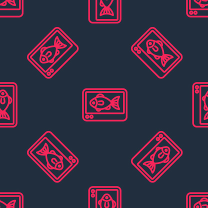 Red line Fish finder echo sounder icon isolated seamless pattern on black background. Electronic equipment for fishing. Vector.
