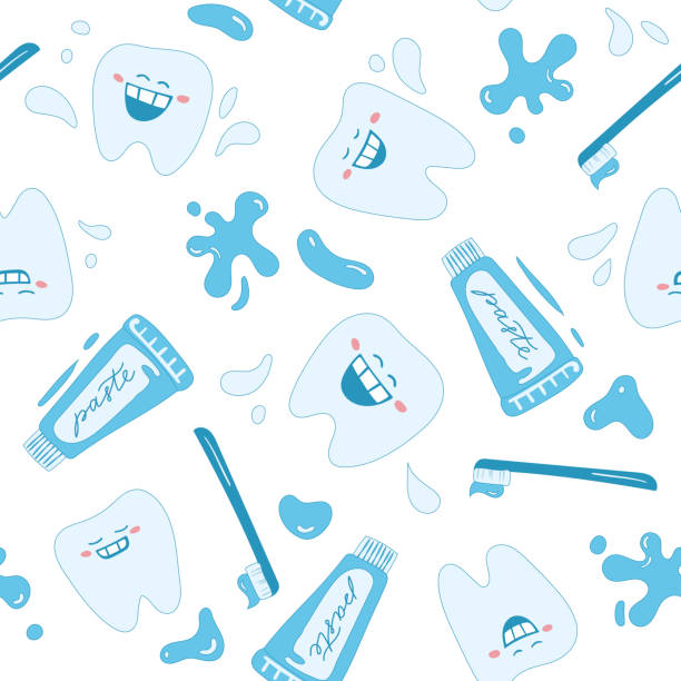 ilustrações, clipart, desenhos animados e ícones de padrão bonito sem costura com dentes mágicos de fadas, pasta de dentes, escova de dentes e elementos de salpicos - human teeth fairy cartoon toothbrush