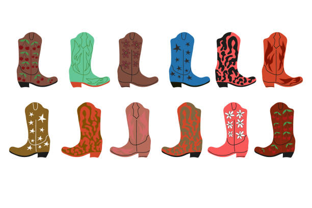Cowboy boots with ornament. Wild West theme. Hand drawn colored trendy Vector isolated illustration. owboy boots with ornament. Wild West theme. Hand drawn colored trendy Vector isolated illustration. theme wild wild west stock illustrations