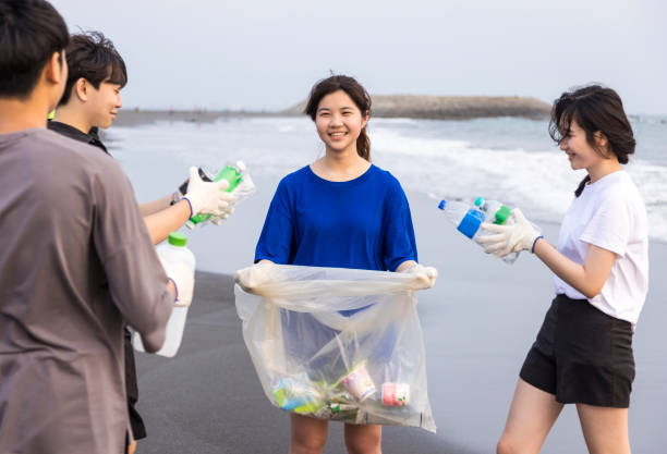 istock Young student collecting plastic waste on the beach. People cleaning the beach up 1490938967